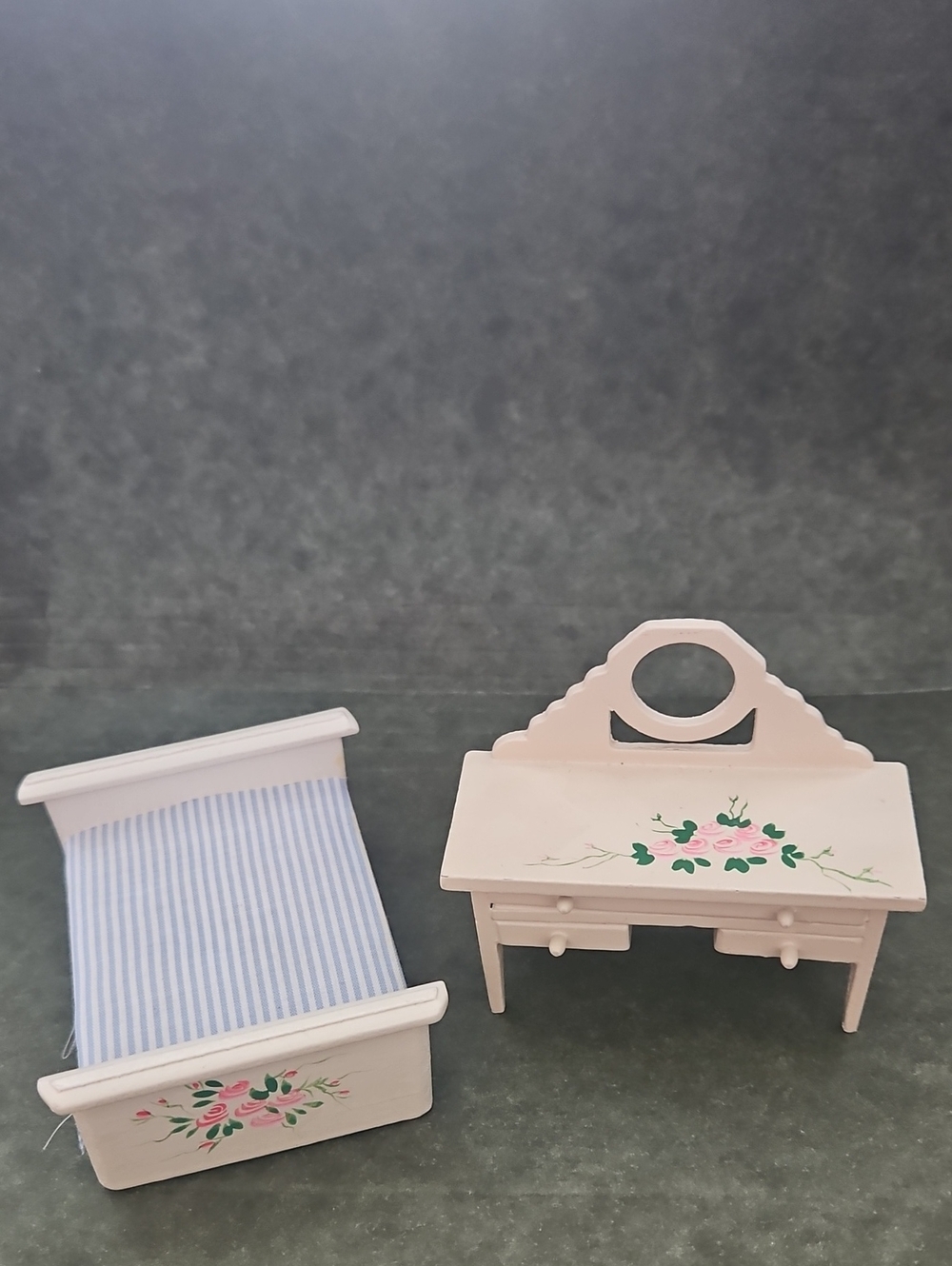 Vintage Hand-Painted Pink Floral Dollhouse Vanity and Bed Set - Home Accents